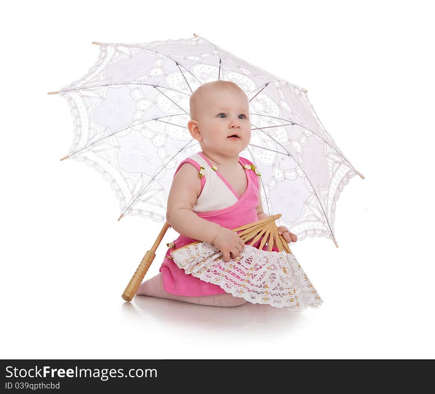Portrait of the child with a white umbrella and a white fan in studio isolated on a white background. Portrait of the child with a white umbrella and a white fan in studio isolated on a white background