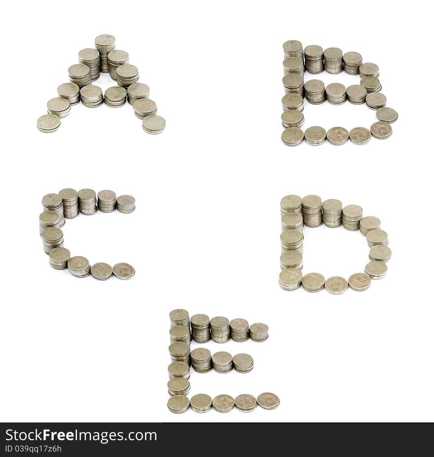 Coins font; A, B, C, D, E isolate on white background.