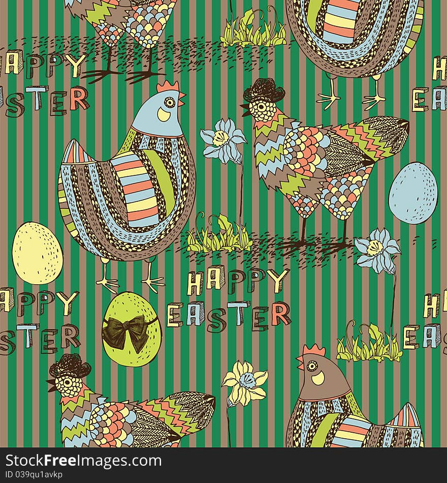 Easter seamless pattern with chicken and cock