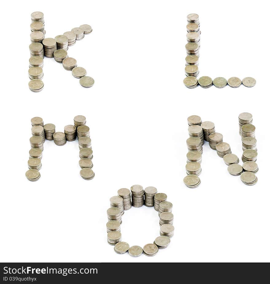 Coins font; K,L,M,N,O isolate on white background.