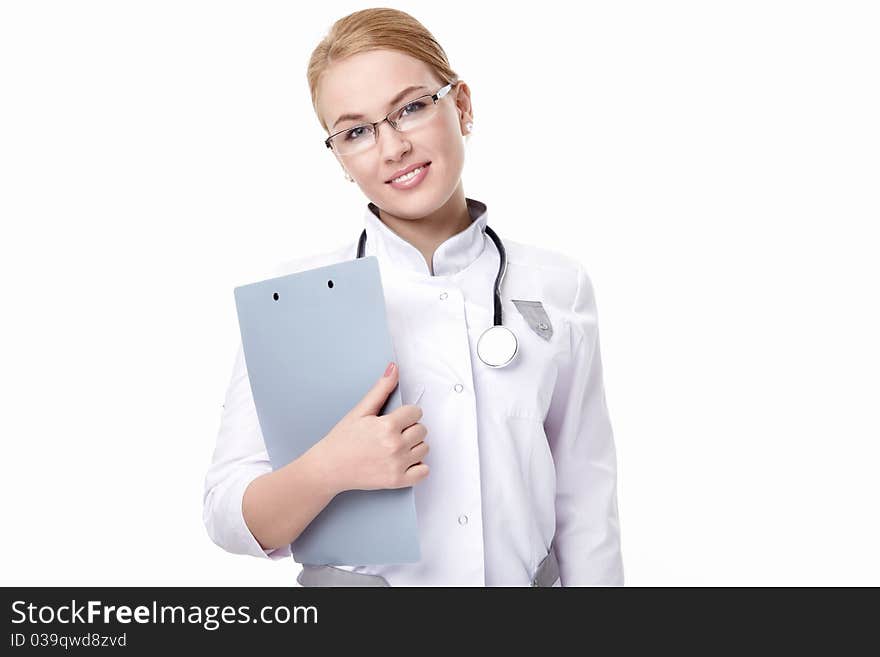 Attractive nurse on a white background. Attractive nurse on a white background