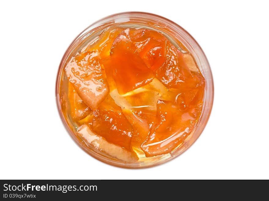 Orange jam in round glass, view from above. Orange jam in round glass, view from above