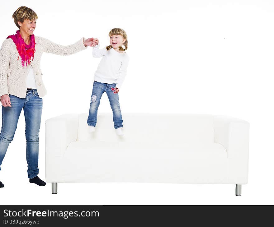 Girl And Mother In Sofa