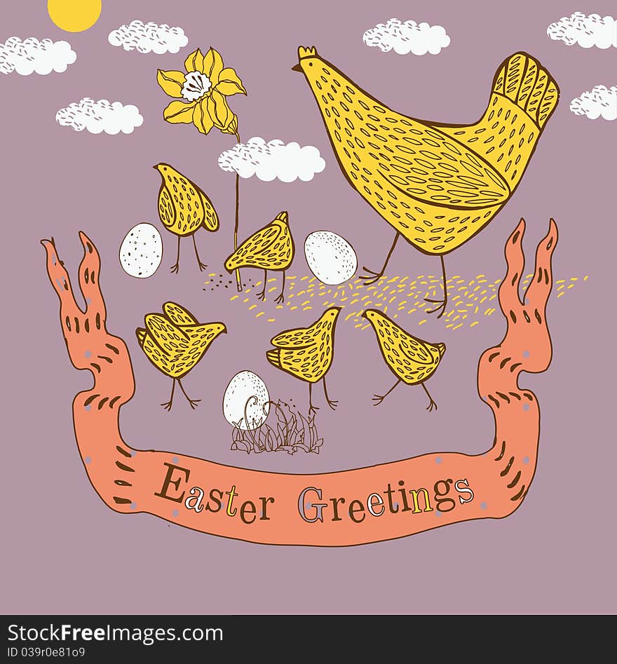 Easter background with hen, chicks, eggs, narcissus and clouds. Easter background with hen, chicks, eggs, narcissus and clouds