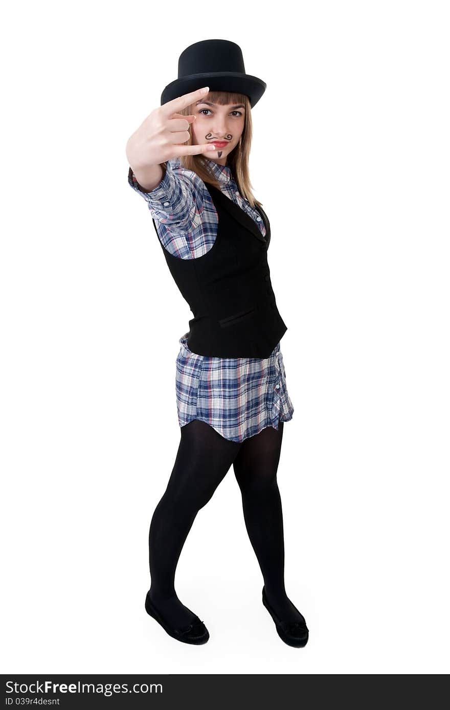 Girl with painted mustaches and bowler hats on white background