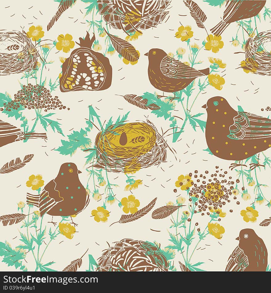 Seamless pattern with birds, nests, pomegranate fruit and flowers. Seamless pattern with birds, nests, pomegranate fruit and flowers