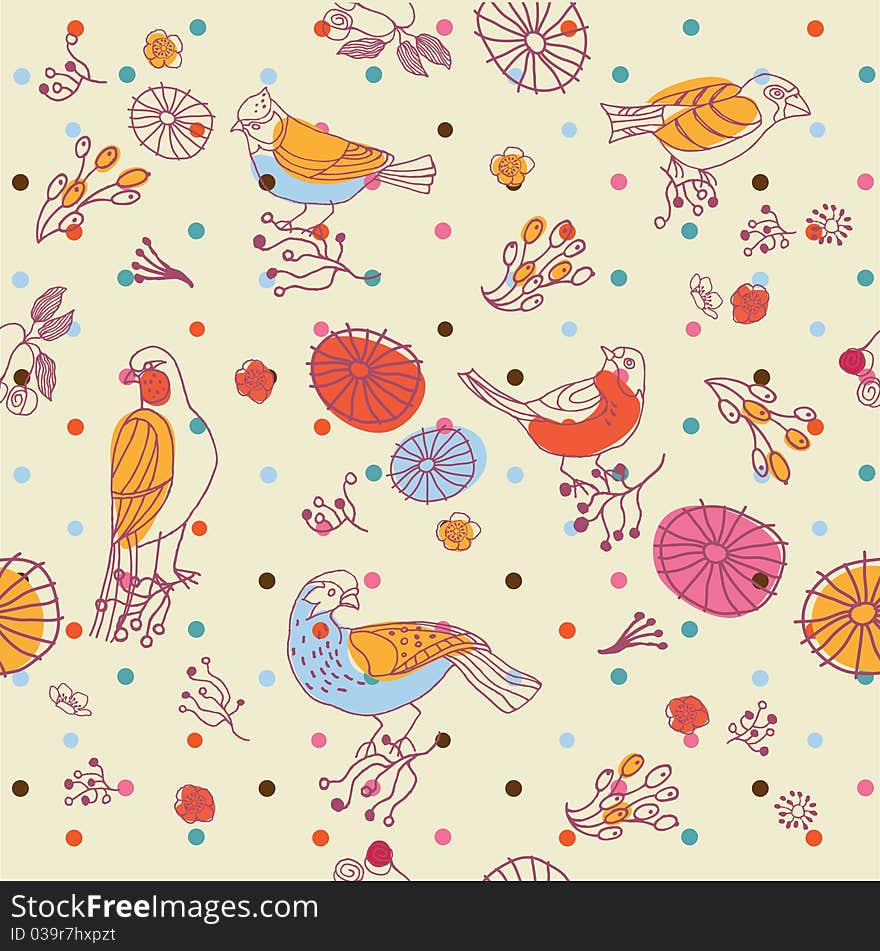 Birds and floral elements on light background with dots. Birds and floral elements on light background with dots