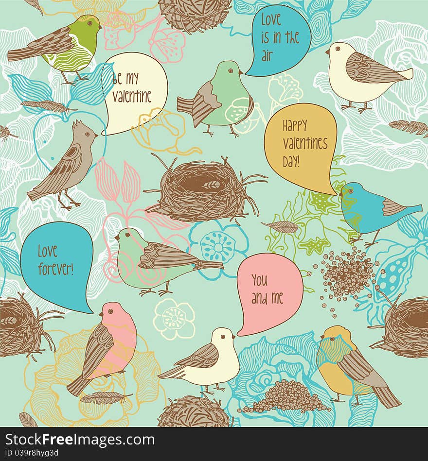 Birds with speech bubbles and nests on floral background. Birds with speech bubbles and nests on floral background