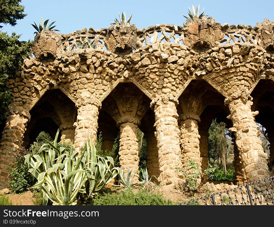 Columns and arhes in Park Guell in Barcelona