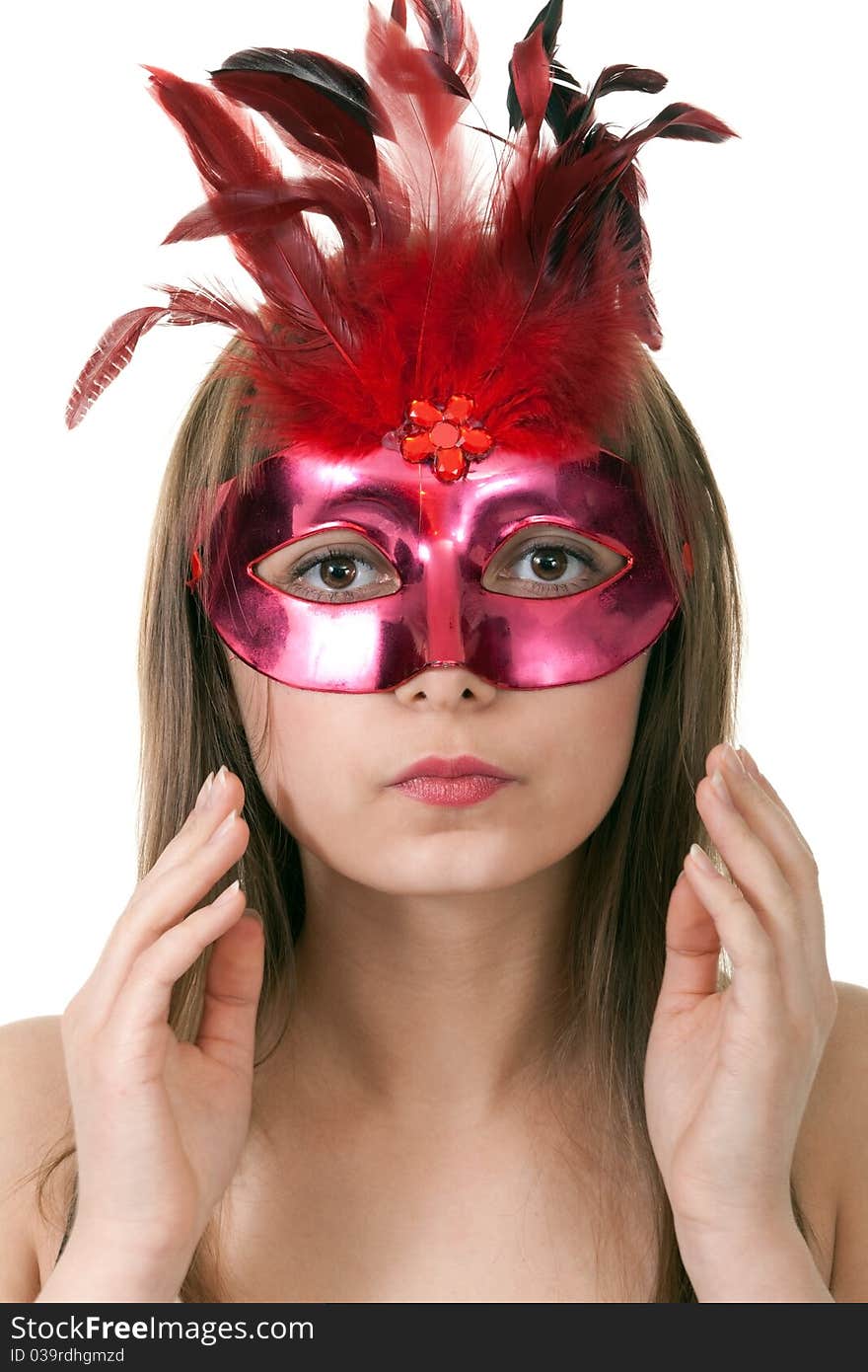 Portrait girl in the red masquerade mask on a white background