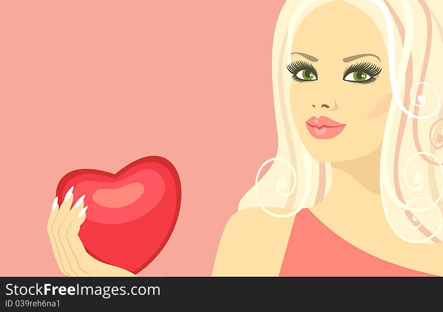 Blonde girl with red heart on pink background. Blonde girl with red heart on pink background