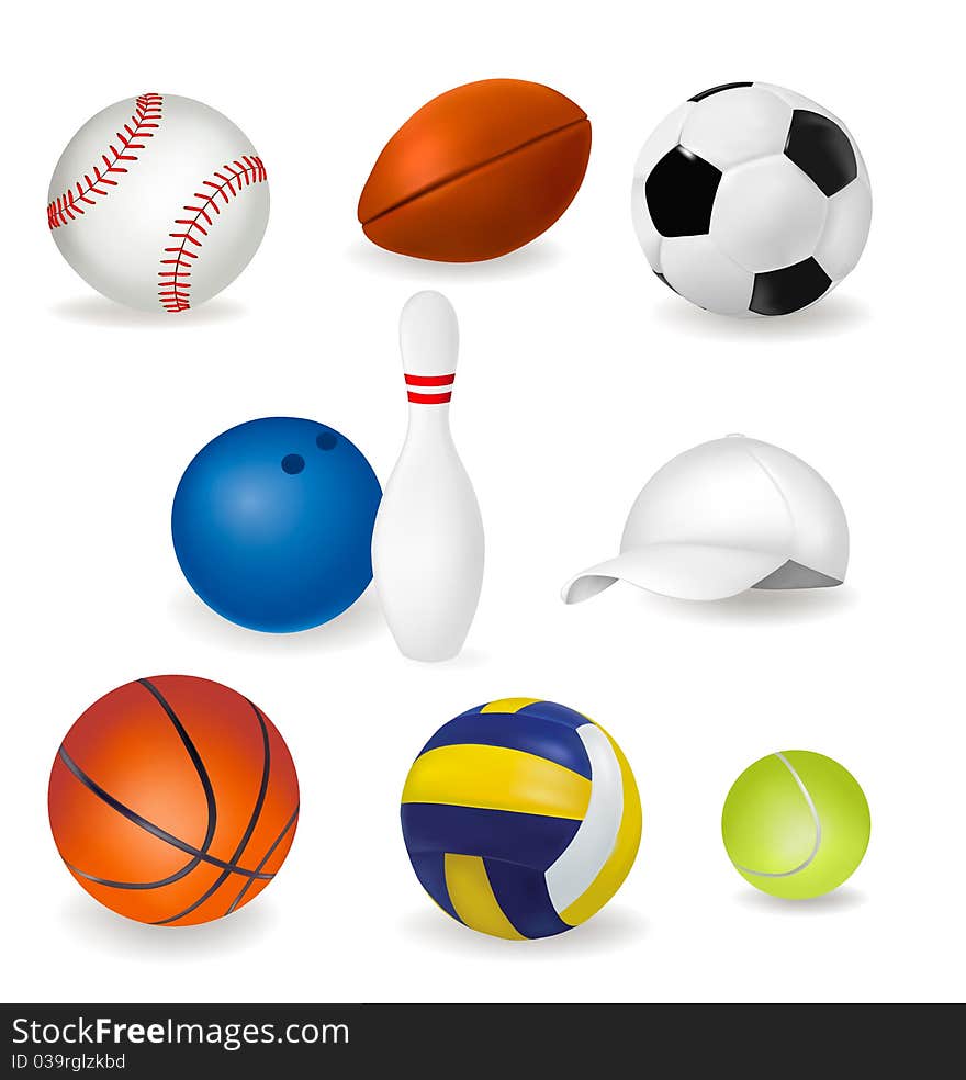 Big set of sport balls and tennis cap. Vector