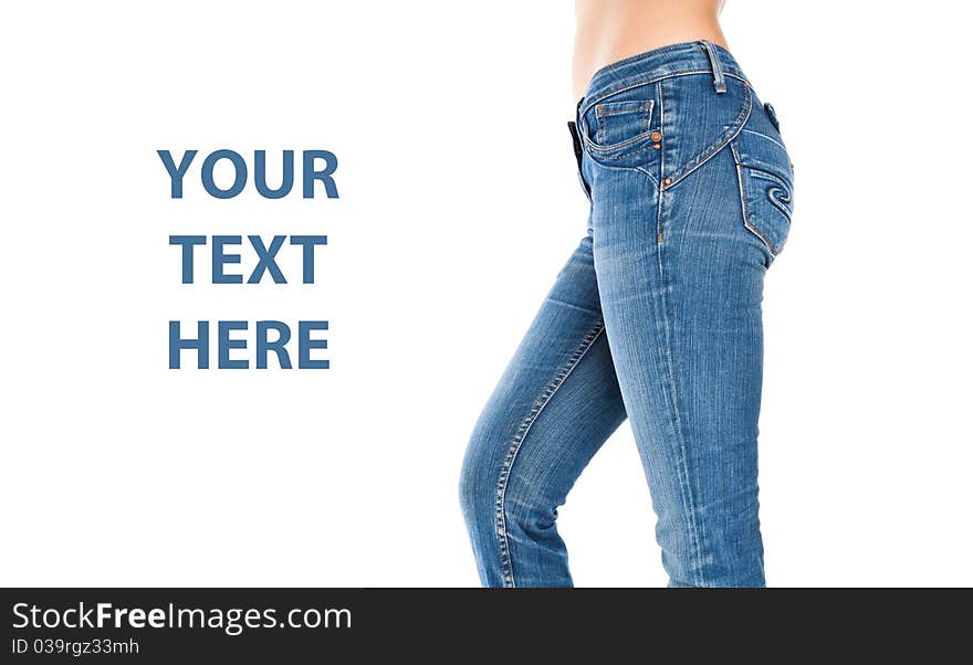 Female legs in blue jeans. isolated on a white background