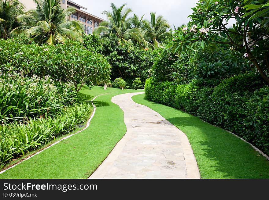 Tropical garden path through lawn.