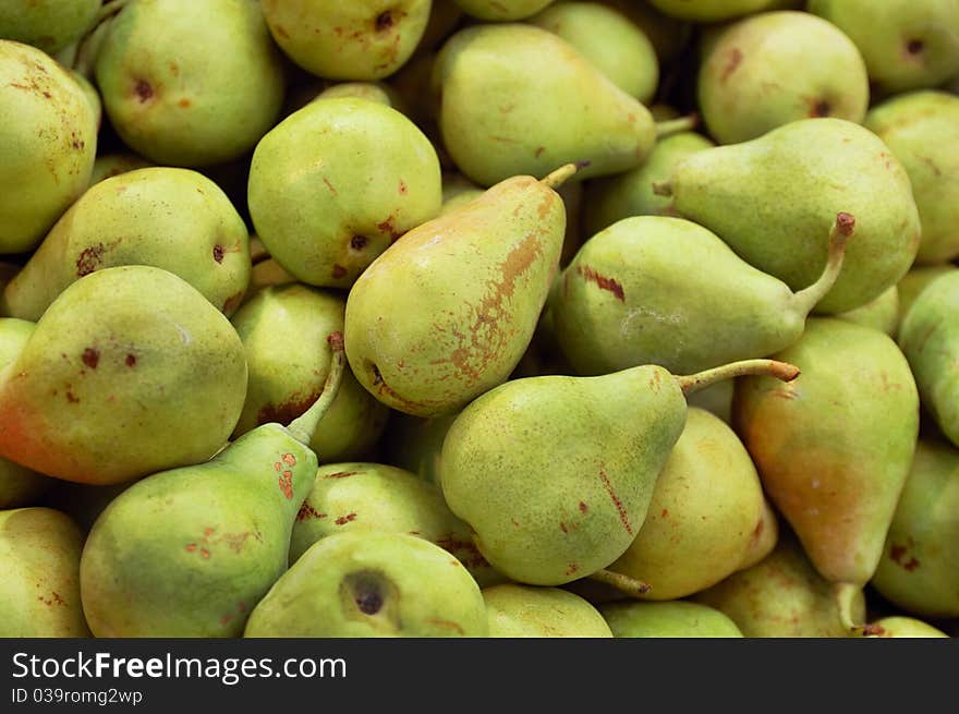 Close up of pears on market stand