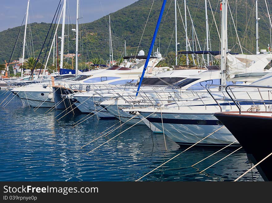 Boat bows at anchor in Montenegro in the summer