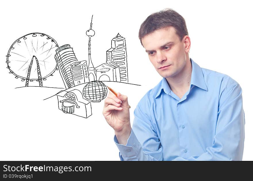 Businessman drawing a city on white background
