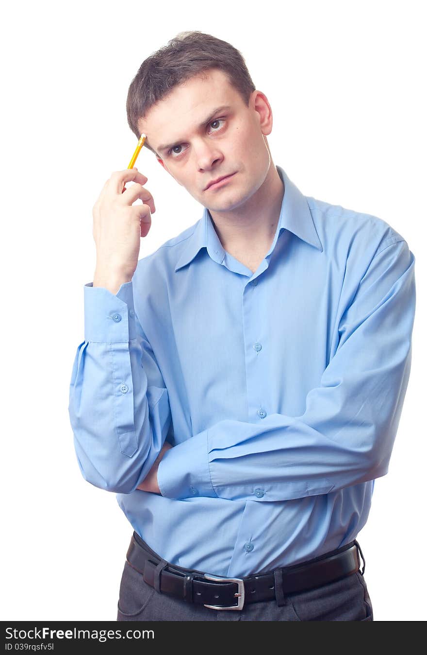 Young businessman lost in thoughts over white background