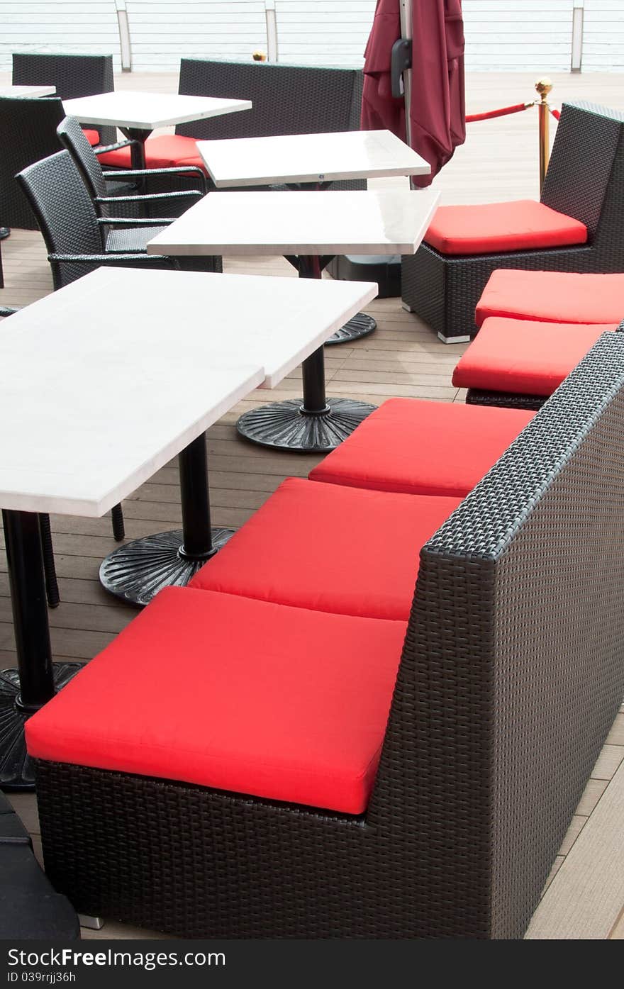 An outdoor waterfront cafe and restaurant furnitures