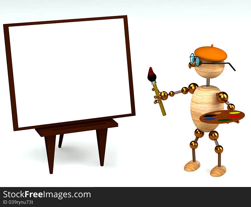 3d wood man as a painter isolated on white