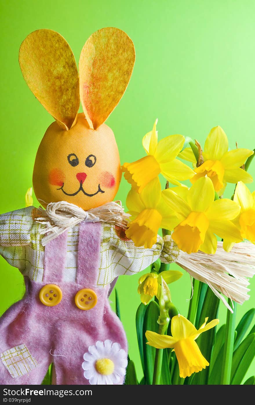 Easter joyful ranbbit with yellow spring flower narcissus. Easter joyful ranbbit with yellow spring flower narcissus