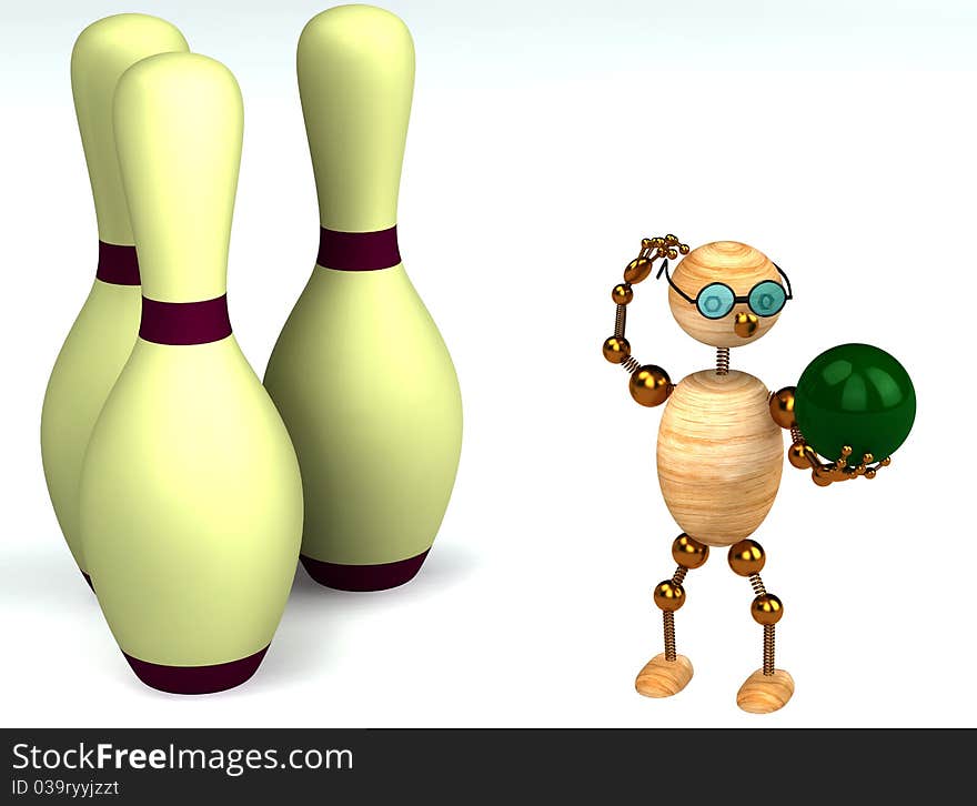 3d wood man is playing bowling isolated on white