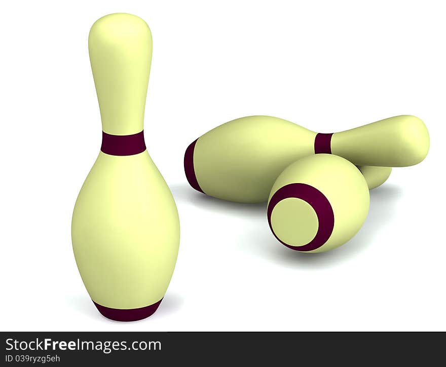 Bowling pins on white 3d rendered