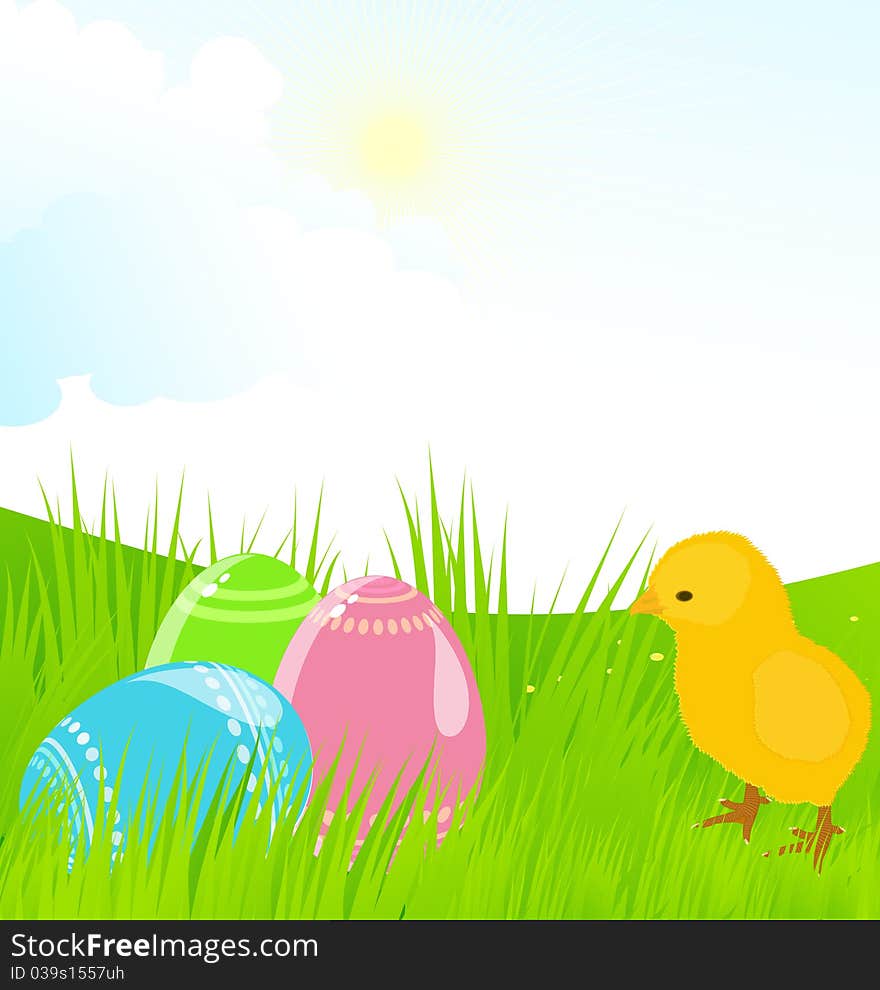 The illustration contains the image of Easter landscape