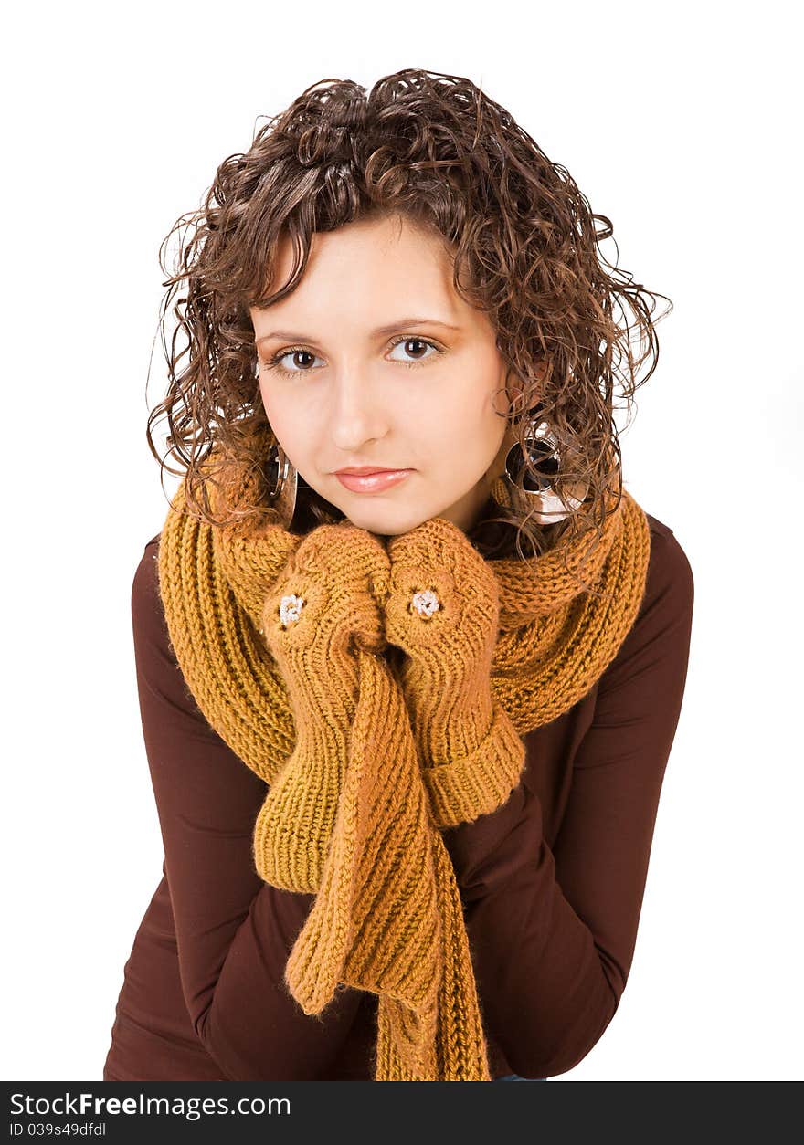 Beautiful girl in casual winter clothing over white background