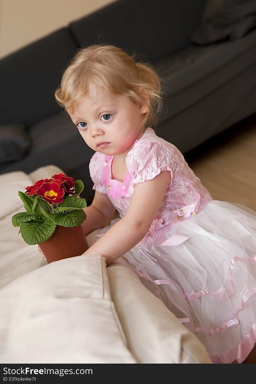 Girl sits on the floor next to the sofa and holds red flower in the pot. Girl sits on the floor next to the sofa and holds red flower in the pot