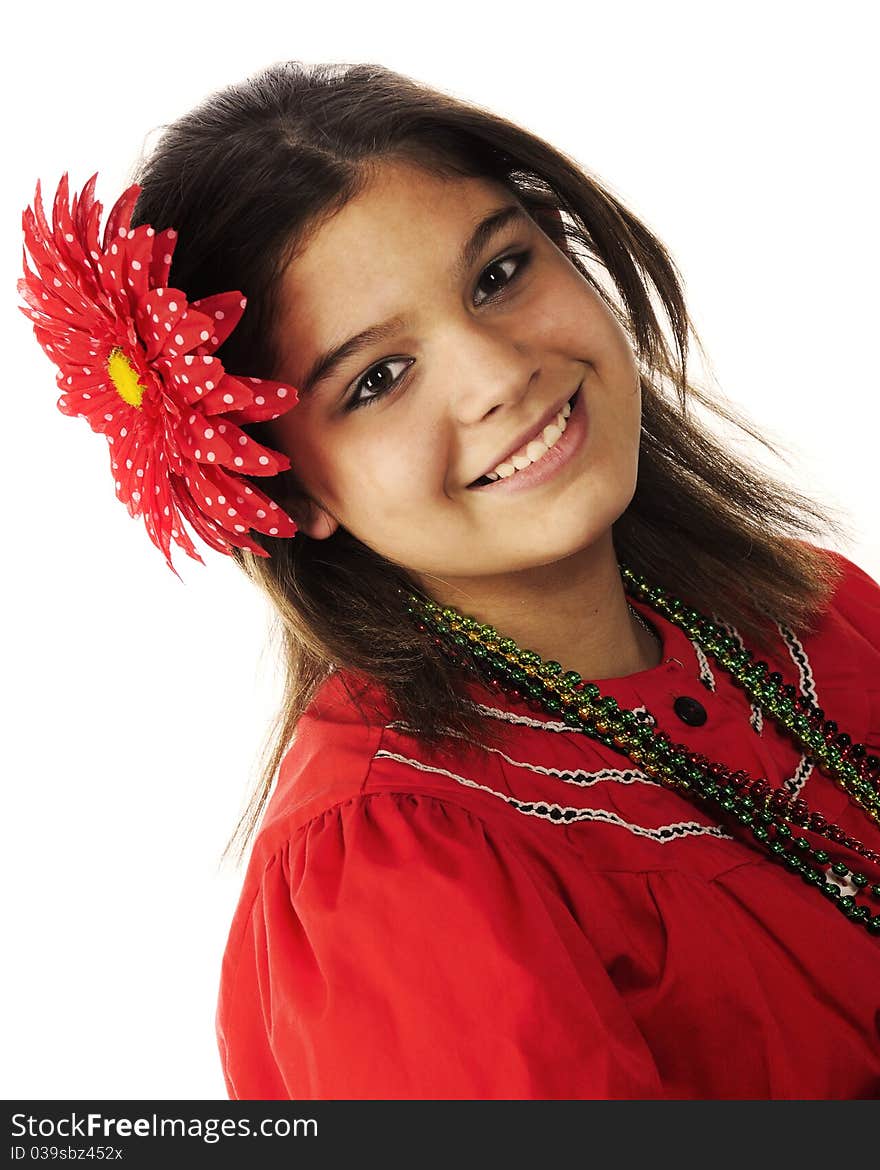 Portrait of a happy young teen girl in Mexican attire.  Isolated on white. Portrait of a happy young teen girl in Mexican attire.  Isolated on white.