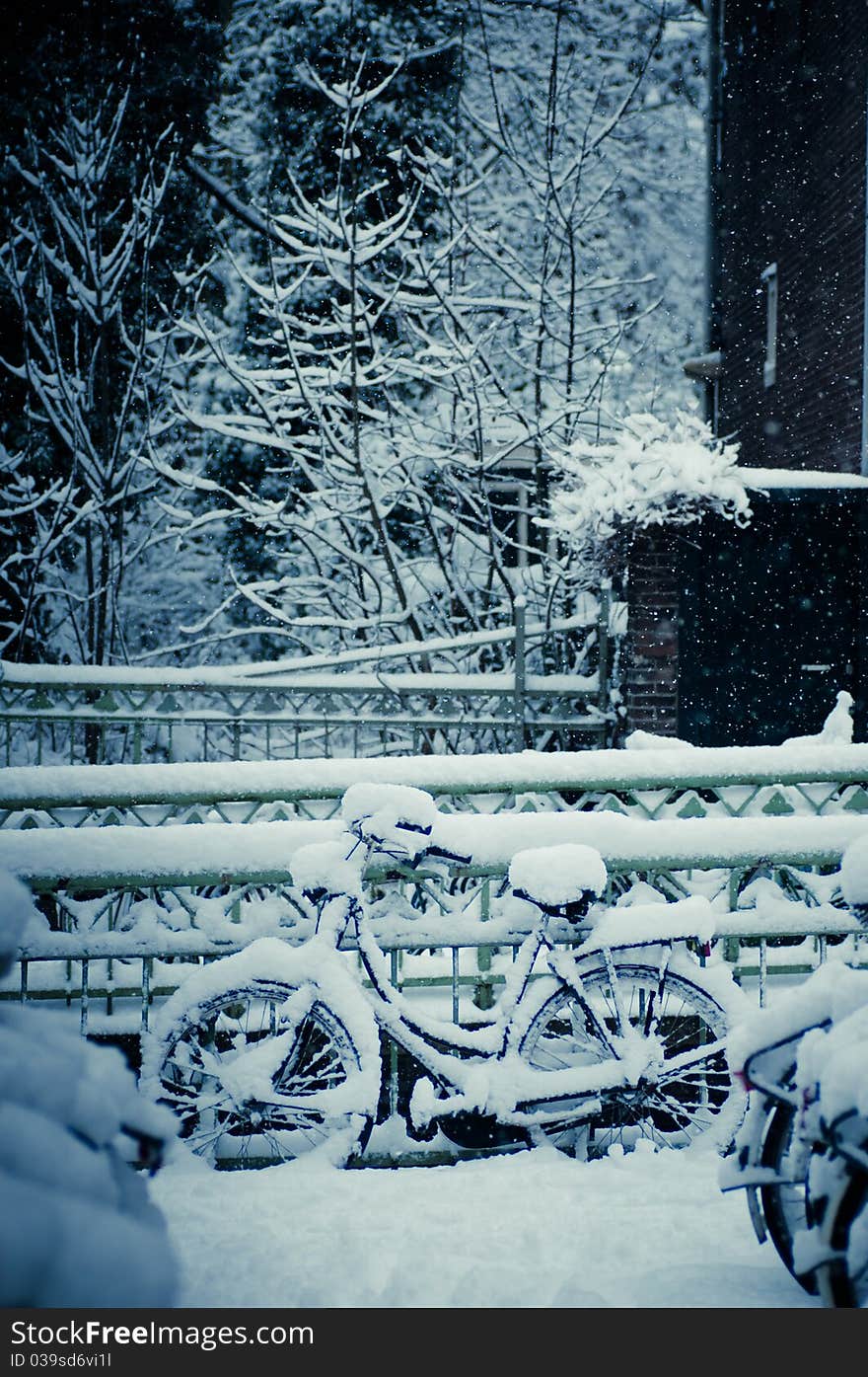 Bicycle parking palce coved with snow. Bicycle parking palce coved with snow.