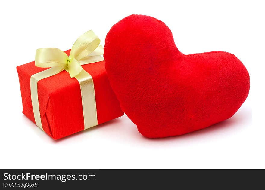 Red gift box with a textile red heart