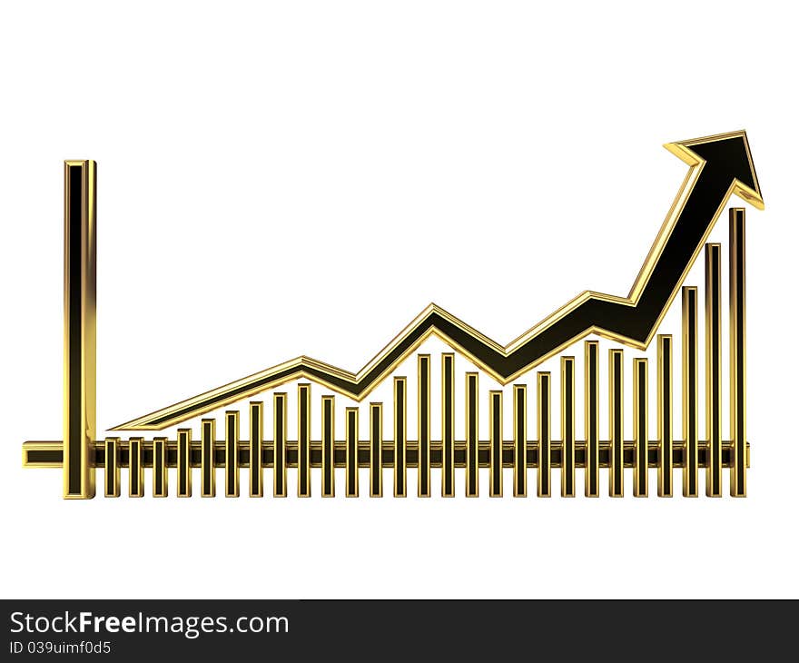 Golden Business Graph with arrow rising up and bars. Golden Business Graph with arrow rising up and bars