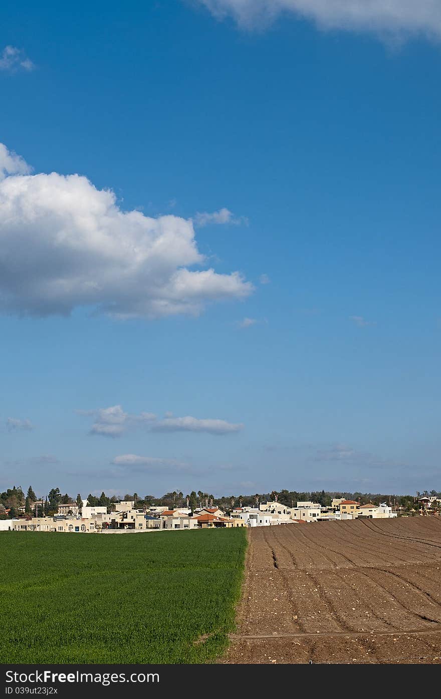 Green field against blue sky with clouds. Green field against blue sky with clouds