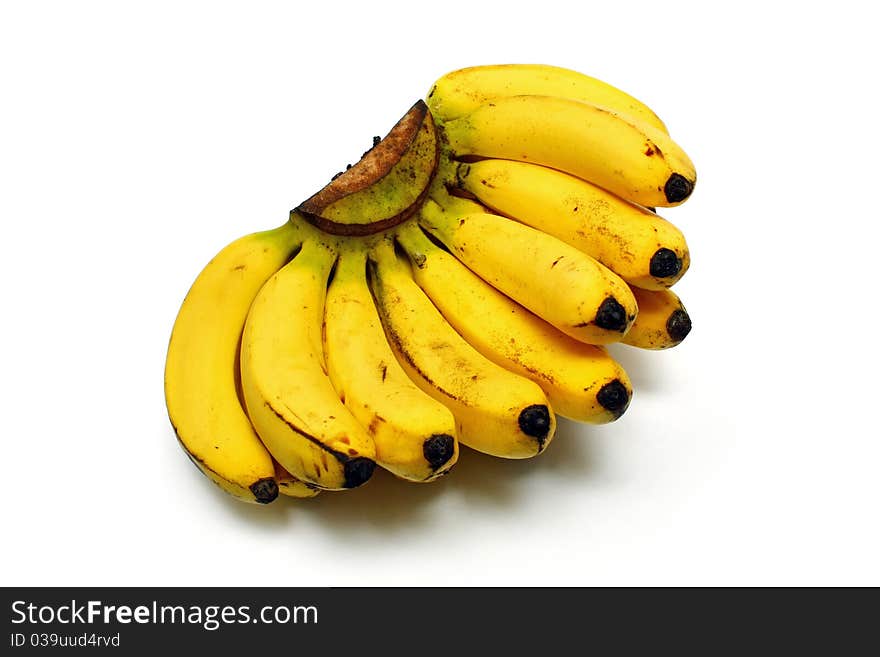 A string of bananas isolated on white background.