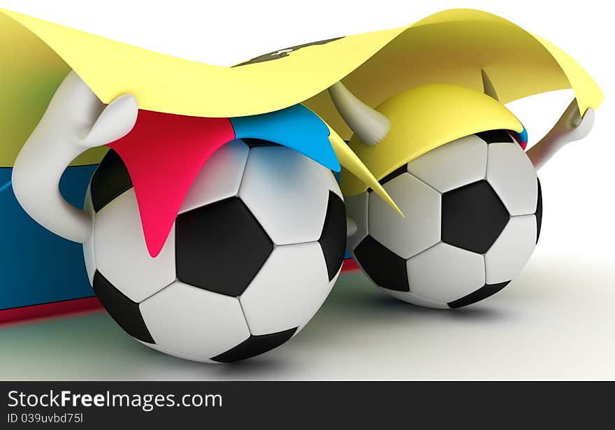 Two Soccer Balls Hold Ecuador Flag