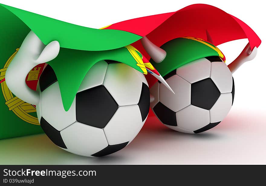 3D cartoon Soccer Ball characters with a Portugal flag. 3D cartoon Soccer Ball characters with a Portugal flag.