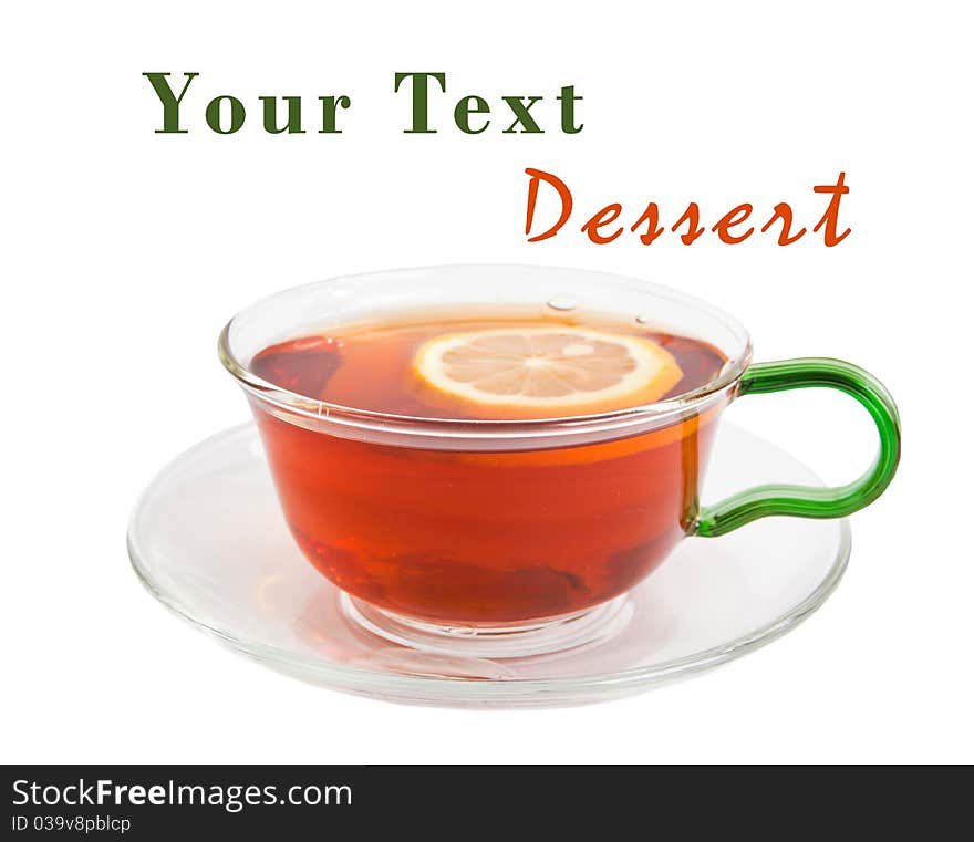 Tea with a lemon in a glass cup isolated on a white background