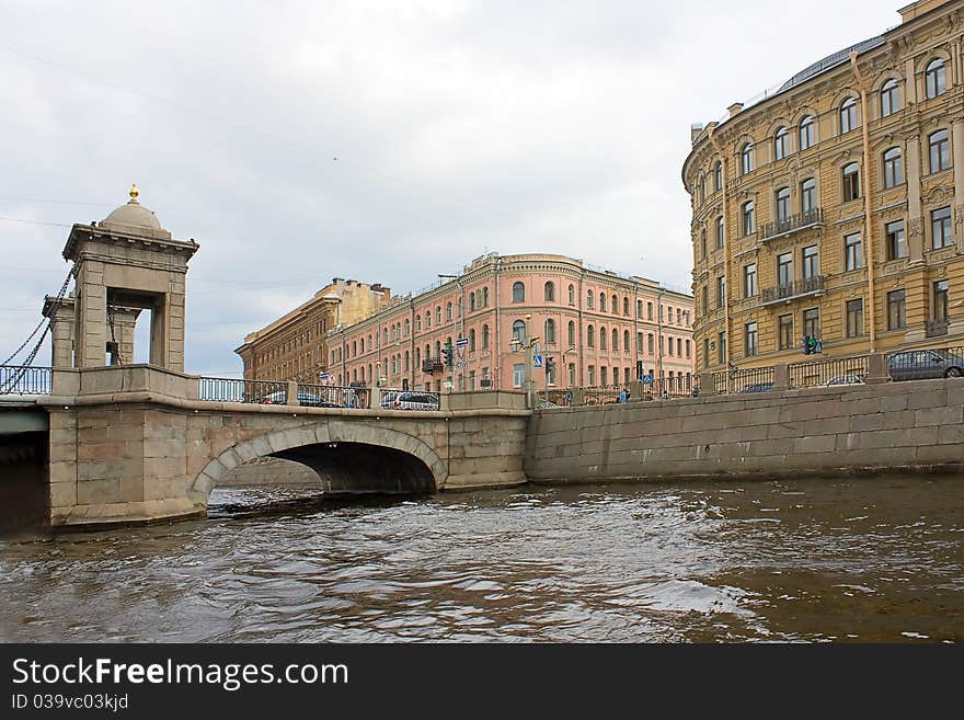 View of bridge over river and embankment,Saint Petersburg, Russia