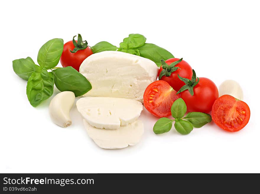 Italian salad ingredients on a white background. Italian salad ingredients on a white background