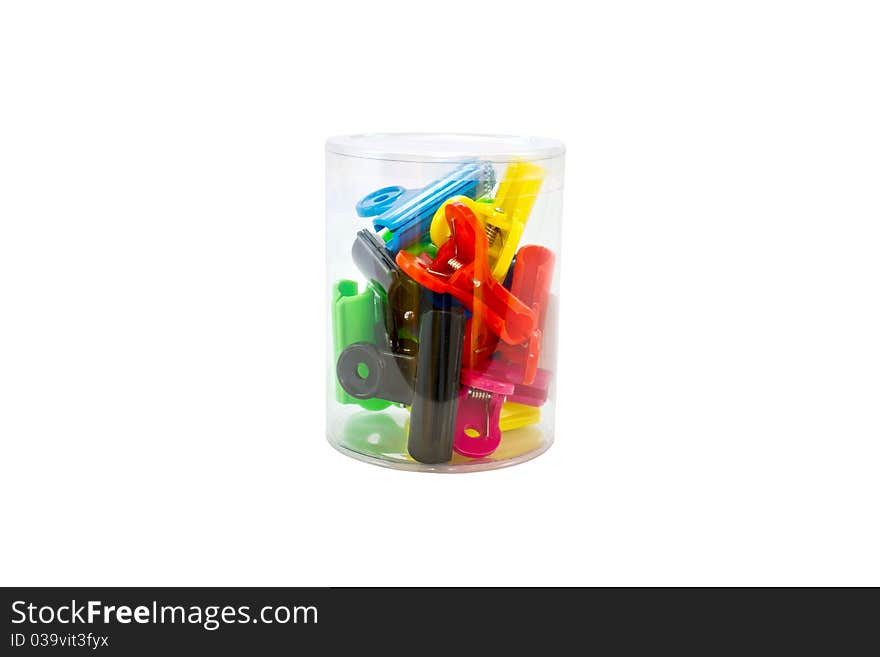 Plastic paper clip on white background in box