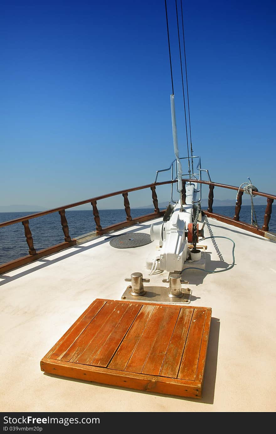 View From Bow of A Handmade Turkish Wooden Yacht: Gulet (Bodrum, Turkey). View From Bow of A Handmade Turkish Wooden Yacht: Gulet (Bodrum, Turkey)