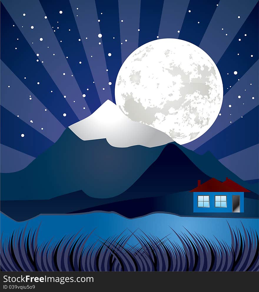 Night landscape with river - , stars and moon illustration