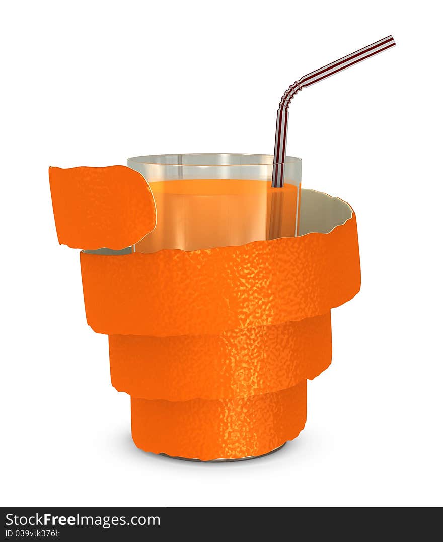 One 3d render of a glass of orange juice with orange peel