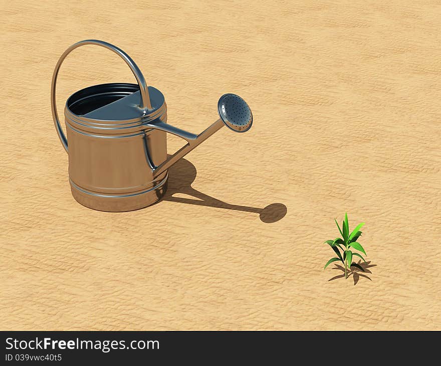 Seedling with watering can in the desert