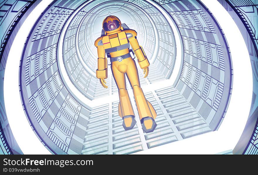 An astronaut walk in a spaceship corridor in 3d. An astronaut walk in a spaceship corridor in 3d