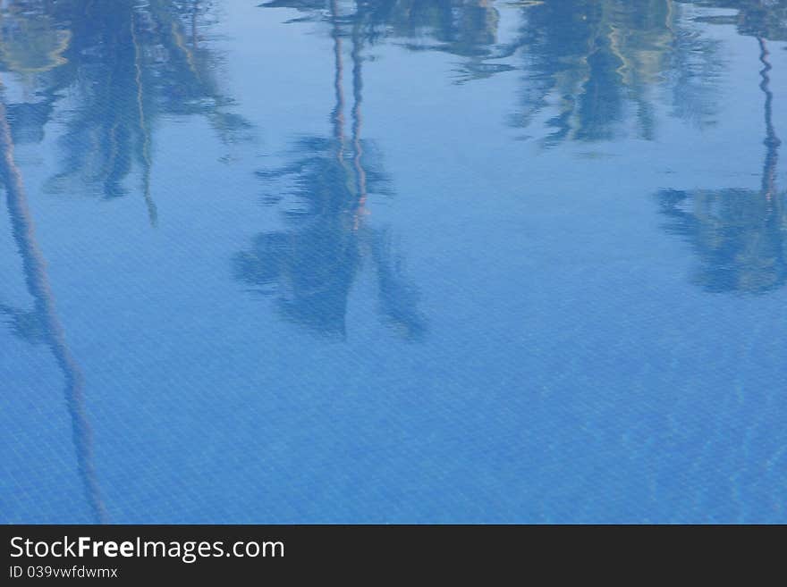 Background made of blue water with reflected palm trees