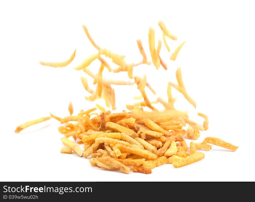 Roast potatoes with spices on a white background