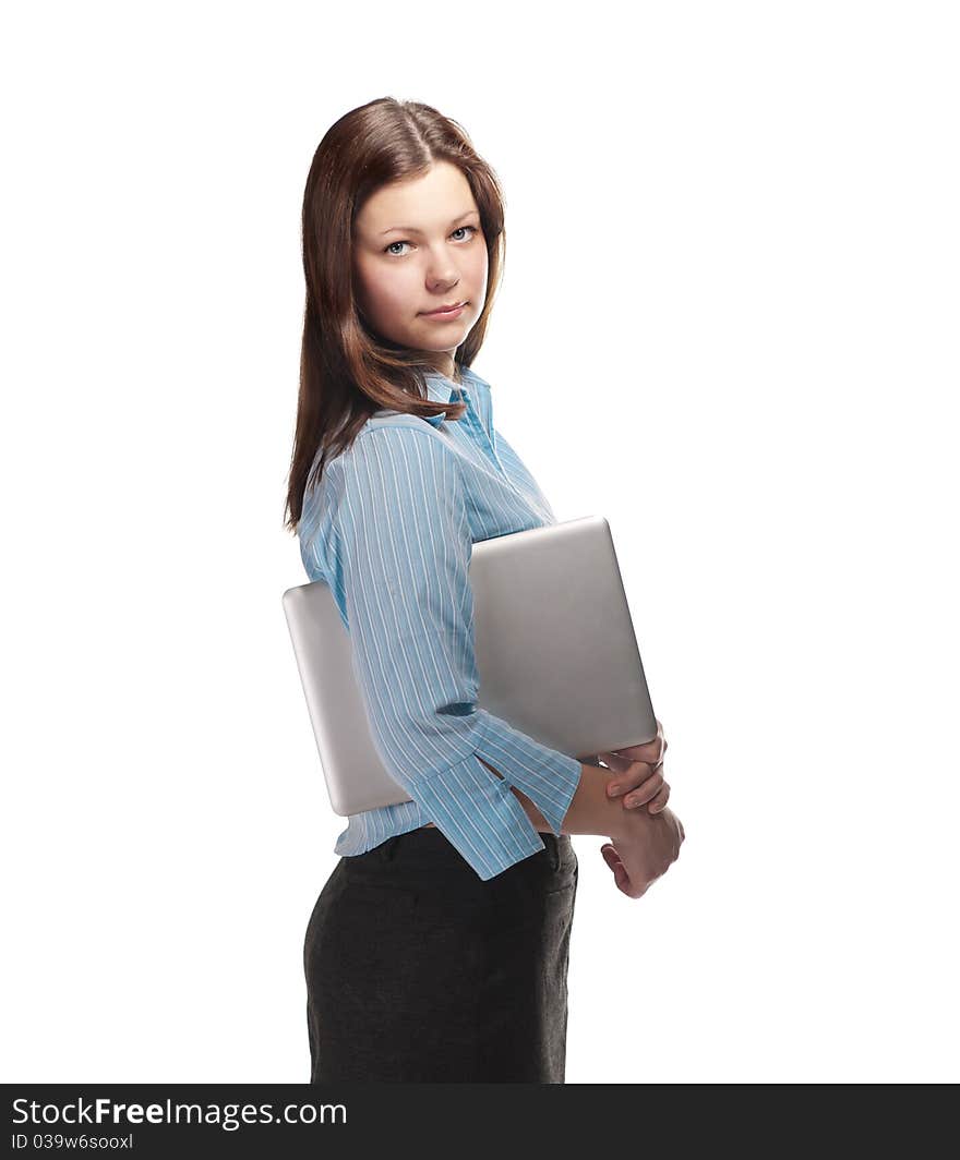 Bussinesswoman with laptop on white background. Bussinesswoman with laptop on white background